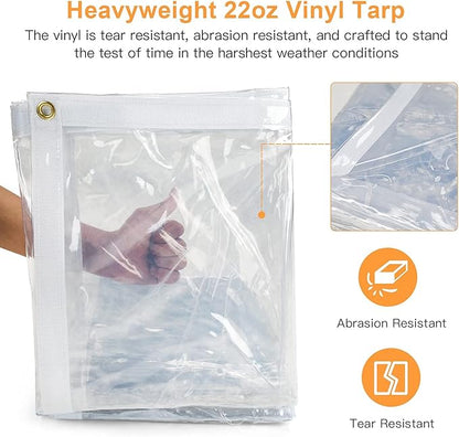 8 x 20FT Outdoor Clear Tarp Curtain Waterproof Wind-Proof 24 Mil Transparent Vinyl Tarp for Patio Pergola Garden Canopy Rainproof Anti-Tear PVC Thick Cover with Grommets