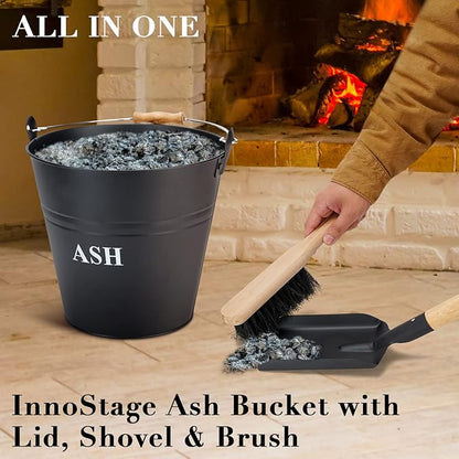 Ash Bucket with Lid, Shovel, and Broom - 3.5-Gallon Metal Ash Can for Fireplaces, Wood Stoves, and Fire Pits