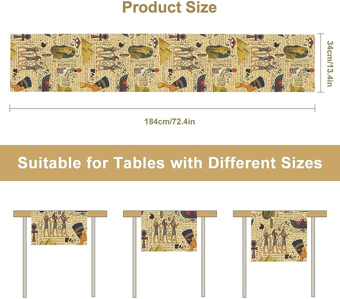 Ancient Egypt Table Runner, Egyptian Symbols Vintage Gold Pharaoh Pyramid Design Table Runner for Kitchen Family Dining Holiday Party 13x60in
