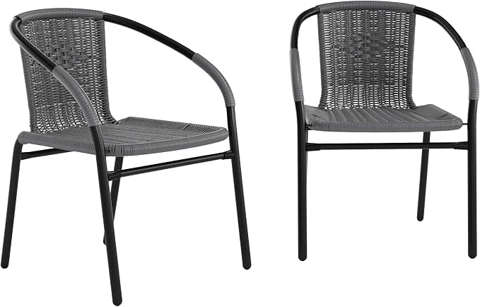 Flash Furniture Lila 2 Pack Gray Rattan Indoor-Outdoor Restaurant Stack Chair | by FlashFurniture