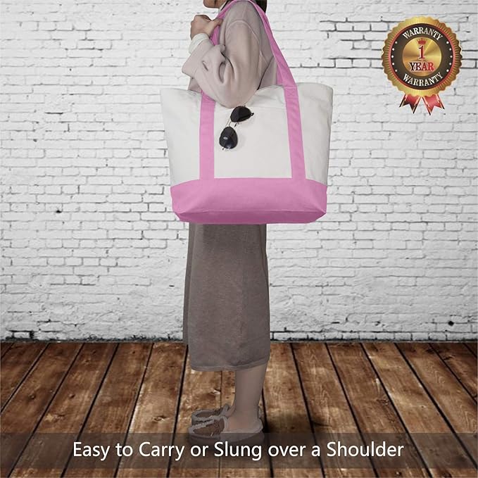 TOPDesign 6-Pack Canvas Tote Bags with an External Pocket, Reusable Grocery Shopping Bags, Top Zipper Closure, Daily Essentials (Pink/Natural)