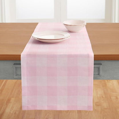 Solino Home Linen Checkered Table Runner 48 Inches - 100% Pure Linen Marshmellow Pink Buffalo Check Table Runner 14 x 48 Inch Ideal for Dresser and Coffee Tables, Valentines, Spring, Easter