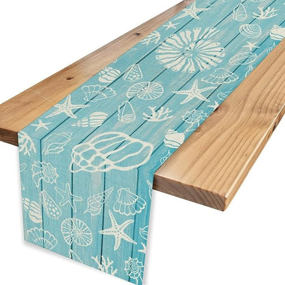 Beach Starfish Table Runner, Blue Wooden Nautical Coastal Ocean Seashell Teal Print Summer Vintage Coffee Table Center Decor for Family Holiday Party Kitchen Farmhouse Table Decorations, 13" X 108"