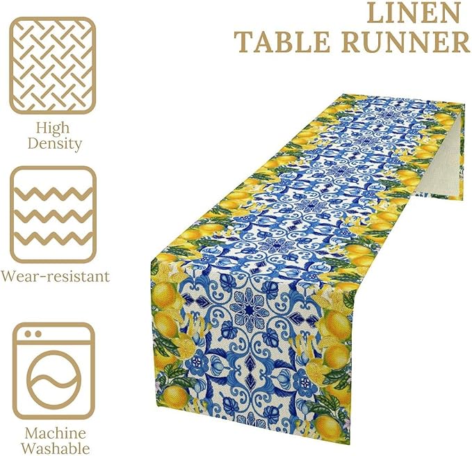 Blue Lemon Table Runner, Italy Tile Yellow Lemon Fruit Table Runners for Farmhouse Coffee Home Kitchen Dining Party Patio Indoor Outdoor 13x120in