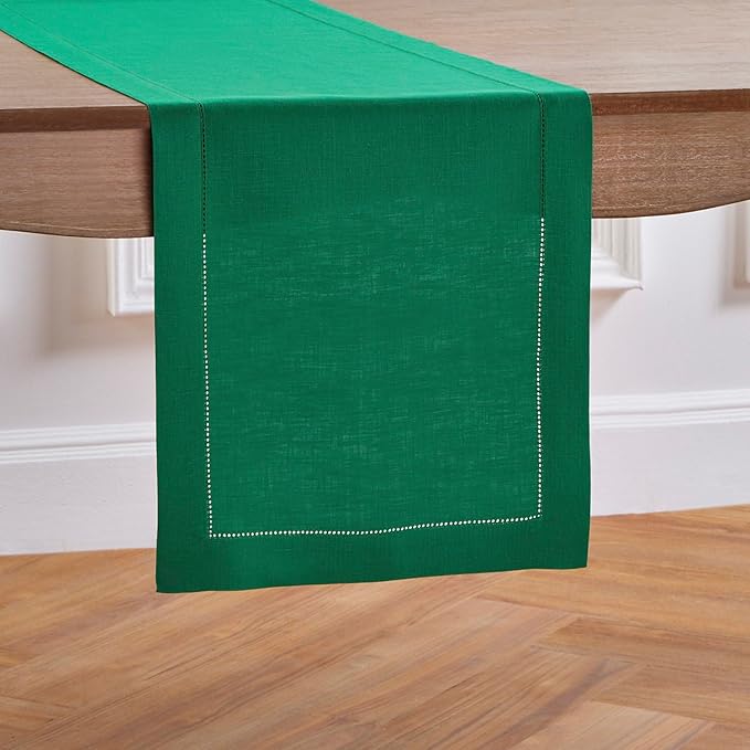 Solino Home Linen Hemstitch Table Runner 120 Inches Long - 100% Pure Linen Emerald Green Table Runner 14 x 120 Inch for St Patricks Day - Classic Hemstitch