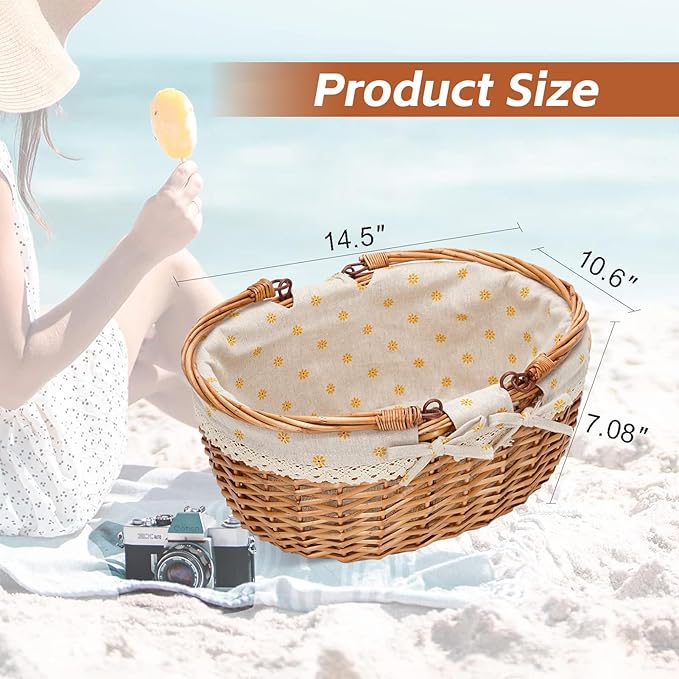 G GOOD GAIN Wicker Picnic Basket with Double Folding Handles,Willow Picnic Hamper,Natural Hand Woven Easter Basket,Easter Eggs and Candy Basket,Bath Storage,Gift Packing Basket.Yellow