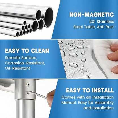Stainless Steel Table for Prep & Work with Backsplash 24 x 36 Inches NSF Metal Commercial Kitchen Adjustable Under Shelf Worktable for Restaurant Home Outdoor