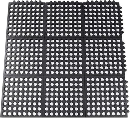 Interlocking Rubber Mats for Floor Anti Fatigue Kitchen Mats 9 Pack 11.8" x 11.8" Modular Rubber Interlocking Floor Tiles, Pool Balcony Patio Yard Pet Area Use Restaurant Rubber Bar Floor Mat Black