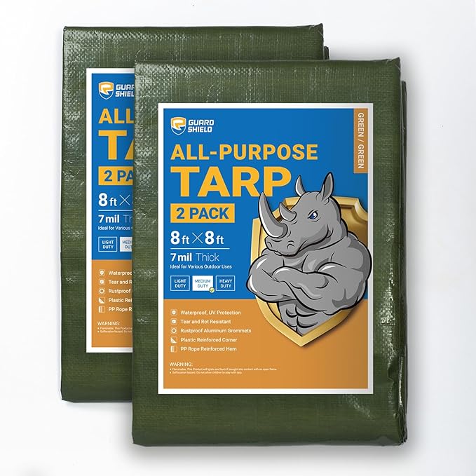 GUARD SHIELD Green Tarp Waterproof 8x8 Feet Medium Duty All Purpose Poly Tarps Cover 7mil (2-Pack)
