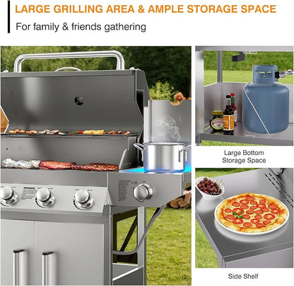 4 Burner Propane Gas Grill with Side Burner, Stainless Steel Gas Grill with Built-in thermometer & Enameled Cast Iron Grates, 58,000 BTUs Output for Outdoor Cooking and Patio Backyard Barbecue