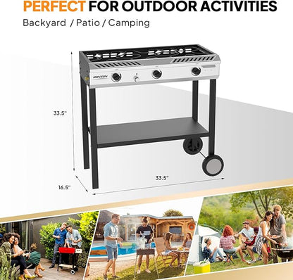 ROVSUN 3 Burner Propane Stove with Auto Ignition, 225,000 BTU Gas Stove with Storage Shelf, Rolling Wheels & Regulator for Home Outdoor Backyard Camping Cooking Frying Brewing Canning