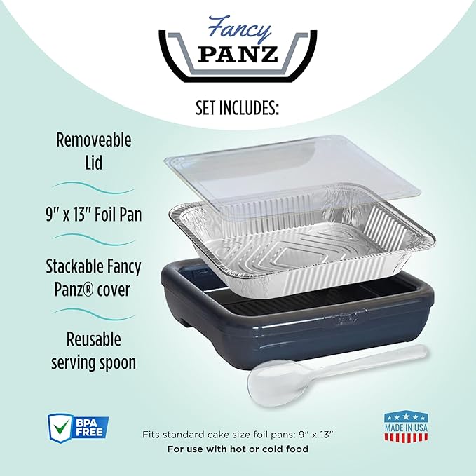 Fancy Panz - Marble 9x13x2" Aluminum Foil Pan Carrier with Lid - Elevated Food Serving Tray - Portable Casserole Carrier with Lid - Made in the USA Hosting Essentials