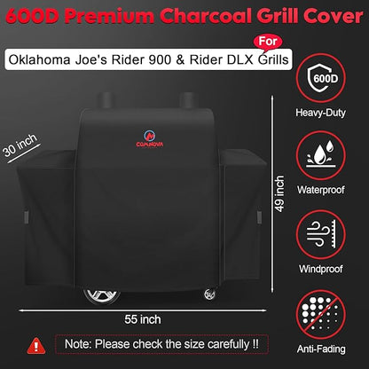 Grill Cover for Oklahoma Joe's Rider 900 & Rider DLX Grill - 600D Premium BBQ Cover Waterproof and Heavy Duty for Oklahoma Joe's Charcoal Offset Smoker, 55" L x 30" W x 49" H