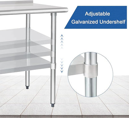 HARDURA Stainless Steel Table Prep & Work Table 24 x 60 Inches NSF Heavy Duty Commercial with Undershelf and Backsplash for Restaurant Kitchen Home and Hotel