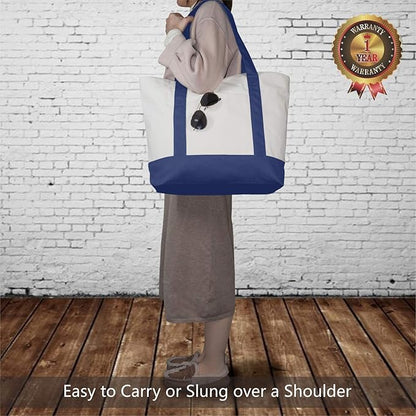 TOPDesign 1-Pack Canvas Tote Bag with an External Pocket, Reusable Grocery Shopping Bag, Top Zipper Closure, Daily Essentials (Blue/Natural)