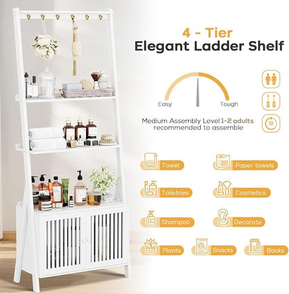 Bookcase with Drawers, 4-Tier Bamboo Bookshelf Ladder Shelf with 6 Hooks - Image 9