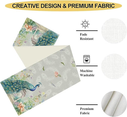 Peacock Table Runner,Watercolor Traditional Chinese Style Peacock Floral Garden Traditionla Chinese Style Table Center Decor for Home Dining Kitchen Patio Party Indoor Table Decorations, 13"x72"