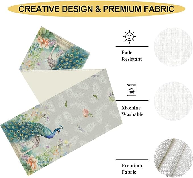 Peacock Table Runner,Watercolor Traditional Chinese Style Peacock Floral Garden Traditionla Chinese Style Table Center Decor for Home Dining Kitchen Patio Party Indoor Table Decorations, 13"x90"