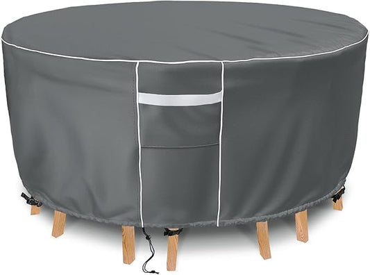 Gasadar Round Patio Table Cover Waterproof, Outdoor Furniture Covers for Round Table Set, 600D Heavy Duty, 96" Dia x 28" H, Grey