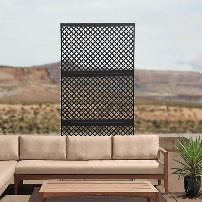 Outdoor Metal Privacy Screen with Stand, 35.4" W x 75" H Freestanding Metal Slatted Decorative Privacy Screen and Panels for Patio Garden Balcony Porch (Black Grill)