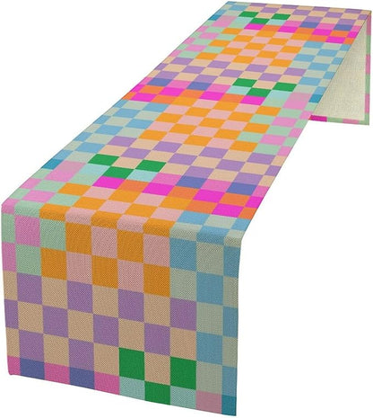Retro Checkered Table Runner, Bright Rainbow Colorful Modern Groovy Aesthetic Table Runner for Dining Kitchen Party Home Wedding Banquet 13x120in