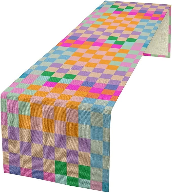 Retro Checkered Table Runner, Bright Rainbow Colorful Modern Groovy Aesthetic Table Runner for Dining Kitchen Party Home Wedding Banquet 13x60in