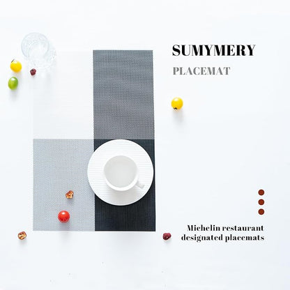 Placemats Set of 6 Vinyl/Plastic Woven Place Mats for Kitchen Table Indoor/Outdoor Washable Placemat Wipeable Dining Table Mats (Grey Grid,6)