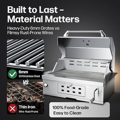 Large Built-In Charcoal BBQ Grill, Charcoal Grills with Liftable Tray, Insulated Hood & Temperature Gauge, Heavy-Duty Stainless Steel Barbecue Grill for Outdoor Kitchen, Family Parties, and Camping