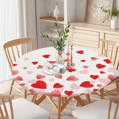Valentines Day Round Fitted Tablecloth with Elastic Pink Red Love Heart Circle Table Cloth for 48-52" Round Tables Wipeable Waterproof Washable Valentine Table Cover for Picnic Dining Party Decor