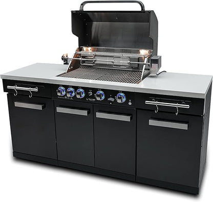 Mont Alpi MA-957 5-Burner 63000 BTU Black Stainless Steel Outdoor Kitchen Bar Gas Island Grill with Infrared Rear Burner + Rotisserie Kit + Granite Countertop + Storage Cabinets & Full Weather Cover