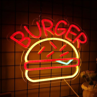 JFLLamp BURGER Neon Signs for Wall Decor Neon Lights for Bedroom Led Business Signs Suitable for Hamburger Restaurant Office Man Cave Beer Bar Pub 5V Power Adapter, 14.1 * 10 Inch(Red+ Warm White)