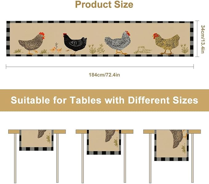 Farmhouse Roosters Chickens Table Runners, Black White Buffalo Plaid Vintage Rustic Animal Table Runner for Wedding Coffee Dining Table Party Home 13x120in