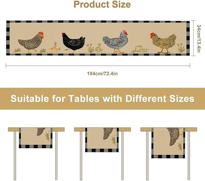 Farmhouse Roosters Chickens Table Runners, Black White Buffalo Plaid Vintage Rustic Animal Table Runner for Wedding Coffee Dining Table Party Home 13x36in