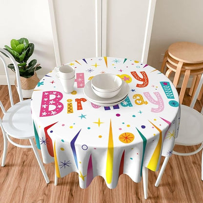 Happy Birthday Round Tablecloth Happy Birthday Tablecloth 60 Inch Waterproof Rustic Table Cloth Fabric Farmhouse Stripe Decorative for Picnic Party Holiday Home Indoor Outdoor