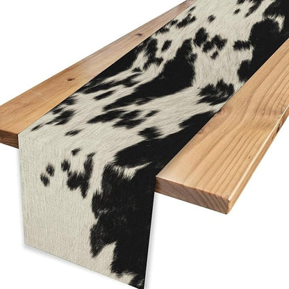 Cow Print Table Runner, Black Cowhide Print Western Style Table Runner Country Farmhouse Cottage Cow Pattern Linen Table Decoration for Home Kitchen Dining 13x72