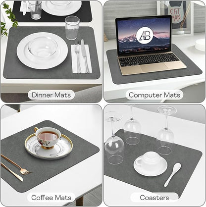 PU Leather Placemats Set of 6 Table Mats Heat Resistant Kitchen Place Mats, Waterproof Wipeable Dining Table Placemats for Home Party Outdoor, 15.8 x 11.8 inches (Grey/Black)