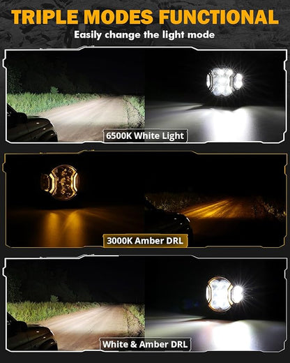 Auxbeam 3 Inch Round Driving Lights, 108W Side Shooter Offroad Pod Lights with Amber DRL, 270° Ultra-Wide Ditch Light Hyper Spot Beam Work 3 Modes White Amber Yellow Cube Pod with Covers, Pair