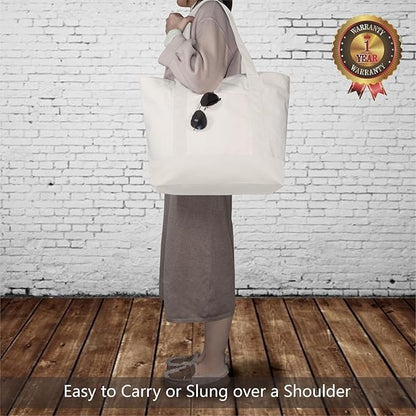 TOPDesign 1-Pack Canvas Tote Bag with an External Pocket, Reusable Grocery Shopping Bag, Top Zipper Closure, Daily Essentials (Natural)