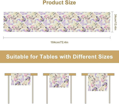 Music Butterfly Table Runner, Beautiful Musical Notes Spring Butterfly Background Print Table Runner for Holiday Kitchen Dining Outdoor Home Party 13x120in