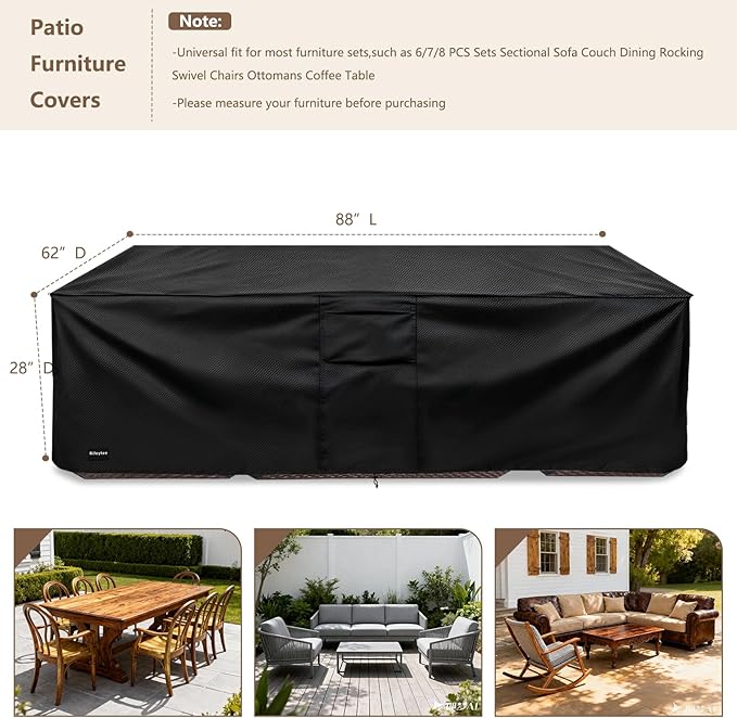 Rectangular Patio Furniture Covers,Upgraded 600D Heavy Duty Outdoor Furniture Covers Waterproof,Outdoor Sectional Dining Table and Chairs General Purpose Furniture Set Cover,88"L × 62"W × 28"H,Black