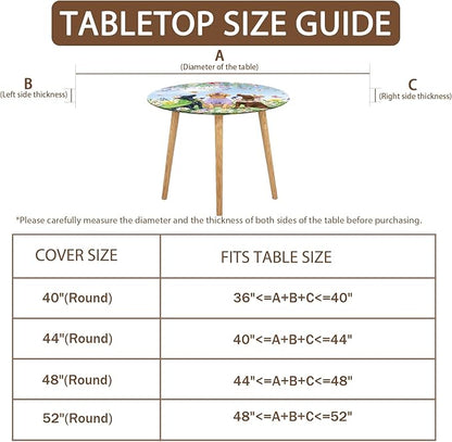 Spring Dogs Round Fitted Tablecloth with Elastic Colorful Floral Farmhouse Easter Circle Table Cloth for 40-44" Tables Wipeable Waterproof Outdoor Wildflowers Puppy Table Cover for Party Picnic Dining