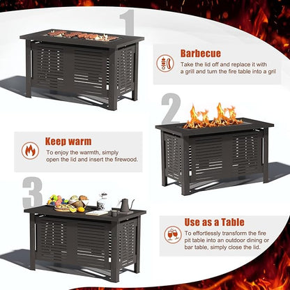 U-MAX Fire Pit Table, 43 Inch Wood Burning BBQ Grill Firepits, Metal Fireplaces with Waterproof Cover, 3 in 1 Fire Pits for Outside Party Barbecue Camping Picnic on Deck Backyard Garden, Black