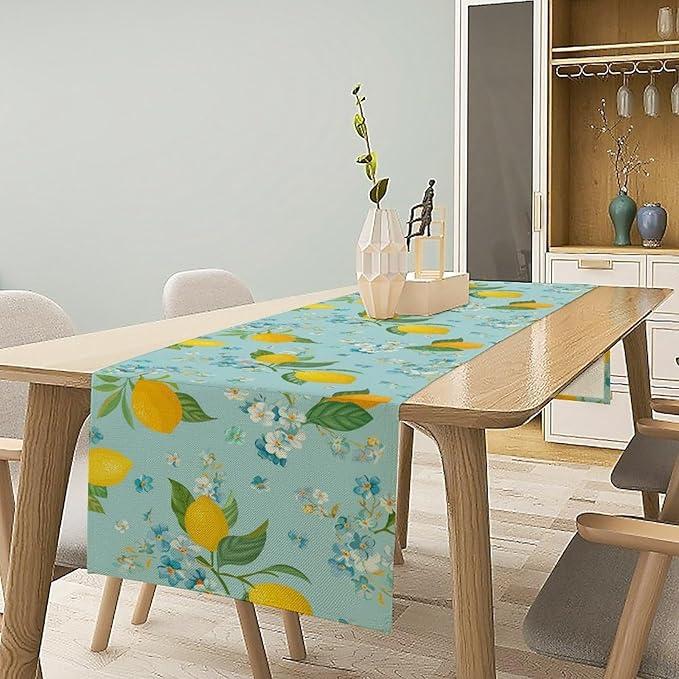 Farmhouse Lemon Fruit Table Runner,Nature Aesthetic Blue Flowers Plant Farmhouse Dining Table Decoration for Home Holiday Party Dresser Kitchen Cabin Restaurant Wedding Decor 13×108in