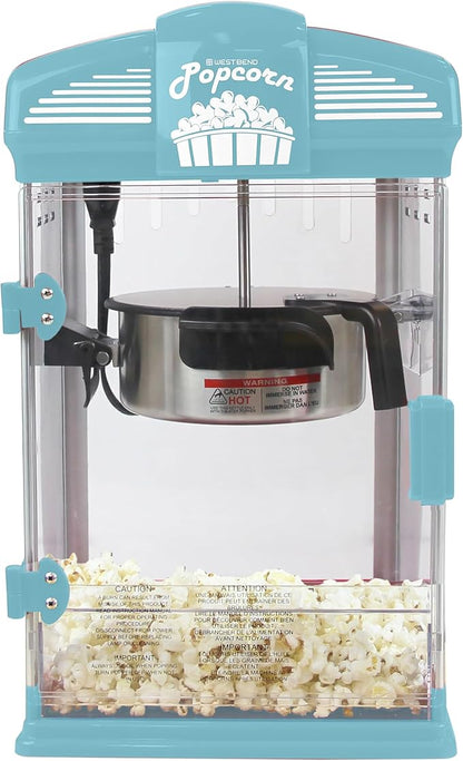 West Bend Stir Crazy Movie Theater Popcorn Popper, Gourmet Popcorn Maker Machine with Nonstick Popcorn Kettle, Measuring Tool and Popcorn Scoop for Popcorn Machine, 4 Qt., Blue