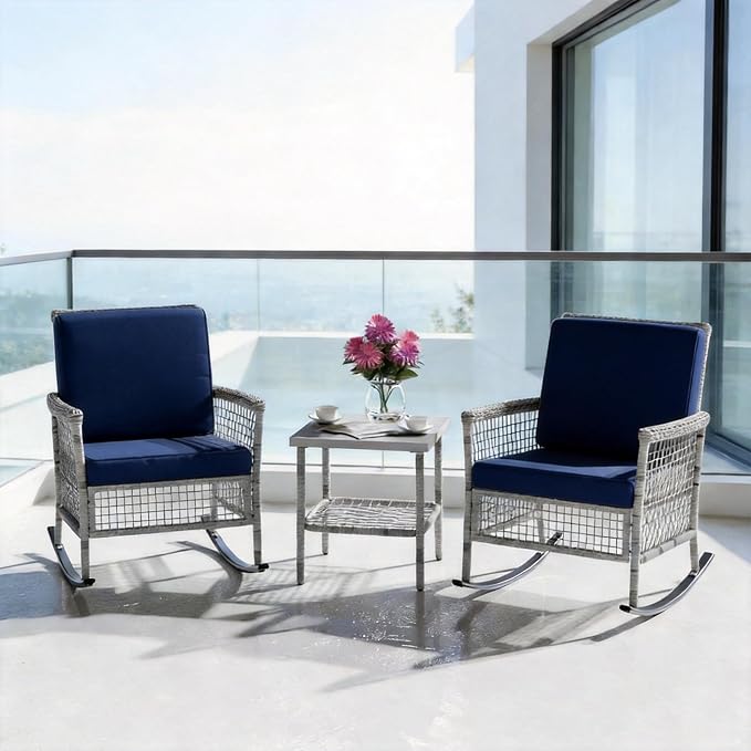 DECMICO 3-Piece Wicker Rocking Chair Set, Outdoor Patio Furniture | Navy - Image 6