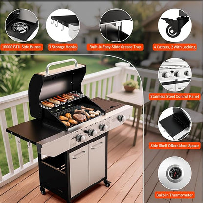 3-Burner Propane Gas BBQ Grill with Side Burner, 40,000 BTU Stainless Steel Propane Grill with Wheels and Storage,Outdoor Cooking Grill for Barbecue, Patio and Camping