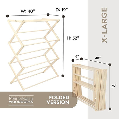 Pennsylvania Woodworks Premium American Maple Clothes Drying Rack - Handcrafted in Pennsylvania - Solid Wood Construction, Collapsible, Eco-Friendly Laundry Solution (X-Large)
