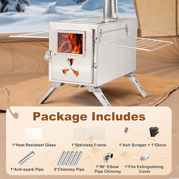 Hot Tent Stove, Camping Wood Burning Stove with 7 Stainless Chimney Pipes and Anti-Spark, Small Camping Wood Stove for Outdoor Heating, Cooking, Ice Fishing, Hunting