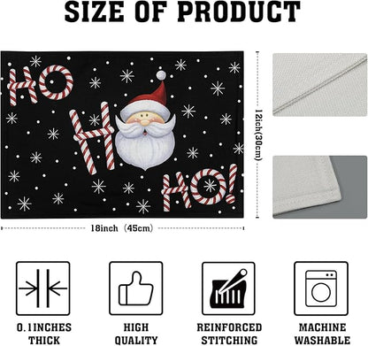 Giwawa Christmas Placemats Set of 4, Santa Claus Laugh Winter Snowflake Black Table Mat 12x18 Inch, Xmas Sweet Candy Cane Stick Heat Resistant Washable Place Mats for Dining Kitchen Holiday Decor