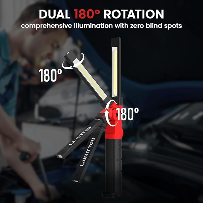 Rechargeable Work Light 2200mAh Magnetic LED Work Light Flashlight Mechanic Light Tool for Men Him, Foldable Lamp with Hook for Car Repair Emergency BBQ Grill (2 Pack)